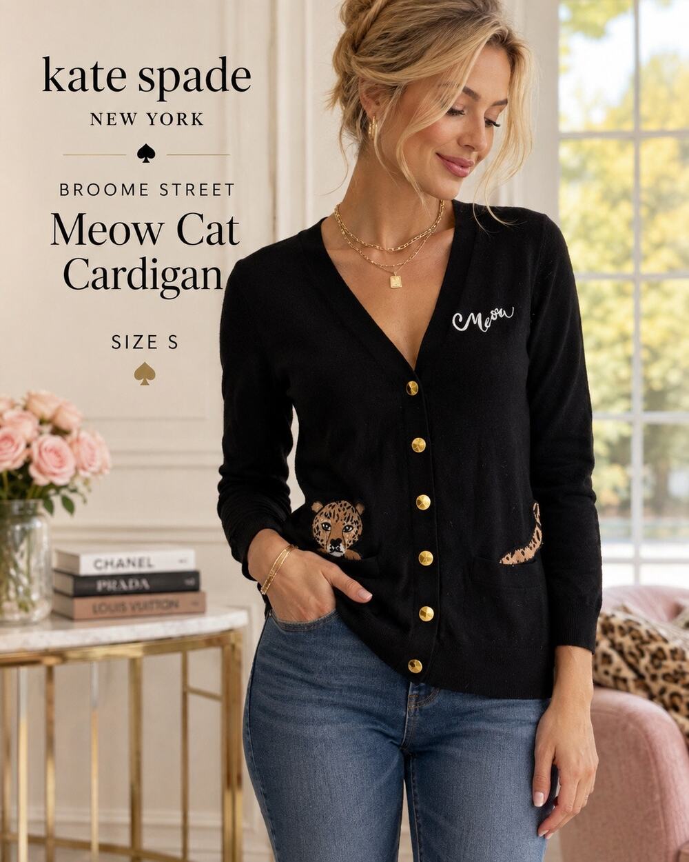 Kate Spade Broome Street Meow Cat Leopard Wool Cardigan Gold Buttons Catcore S